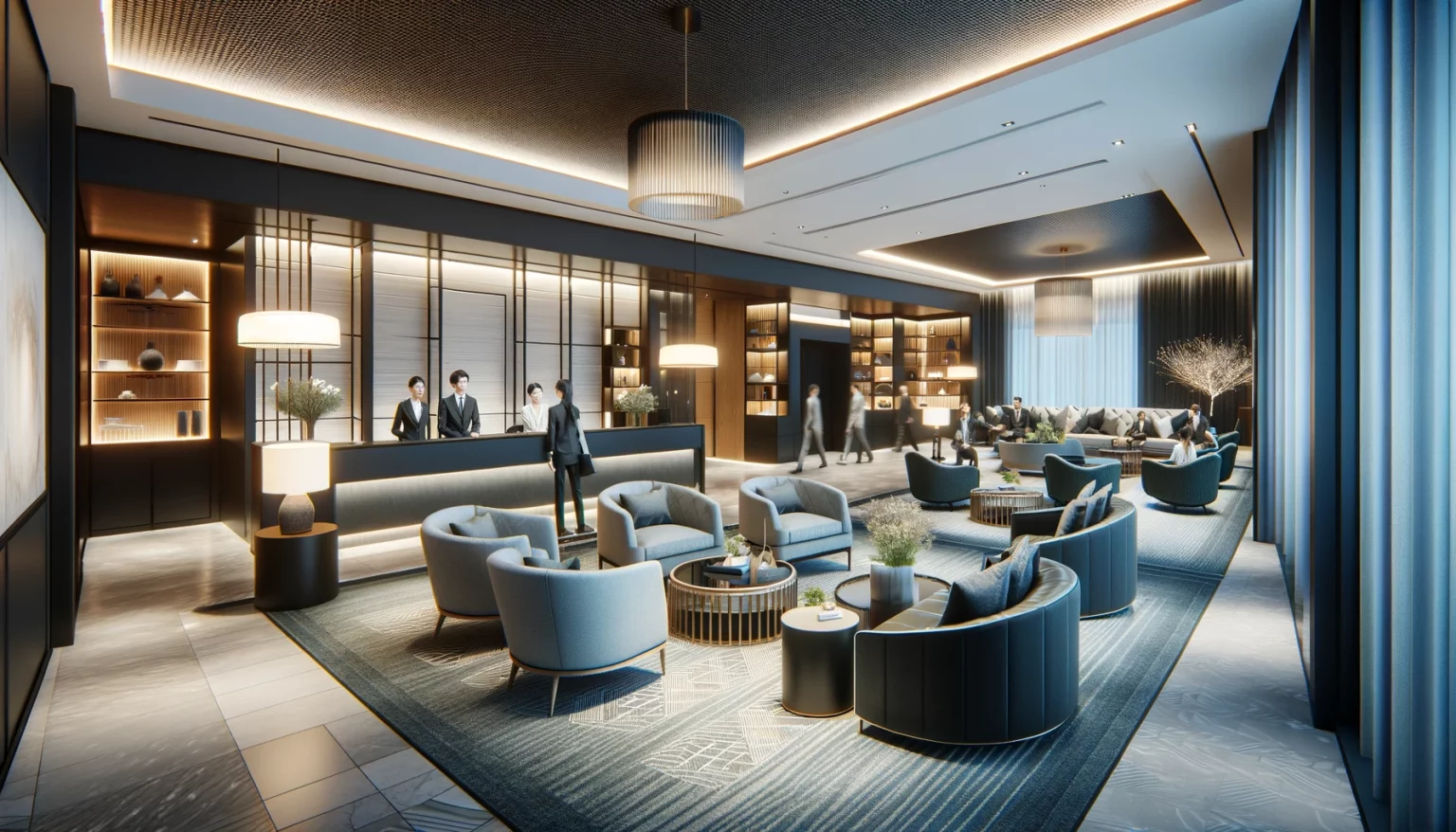 Hall d’un hôtel moderne, avec sa réception et ses espaces de détente