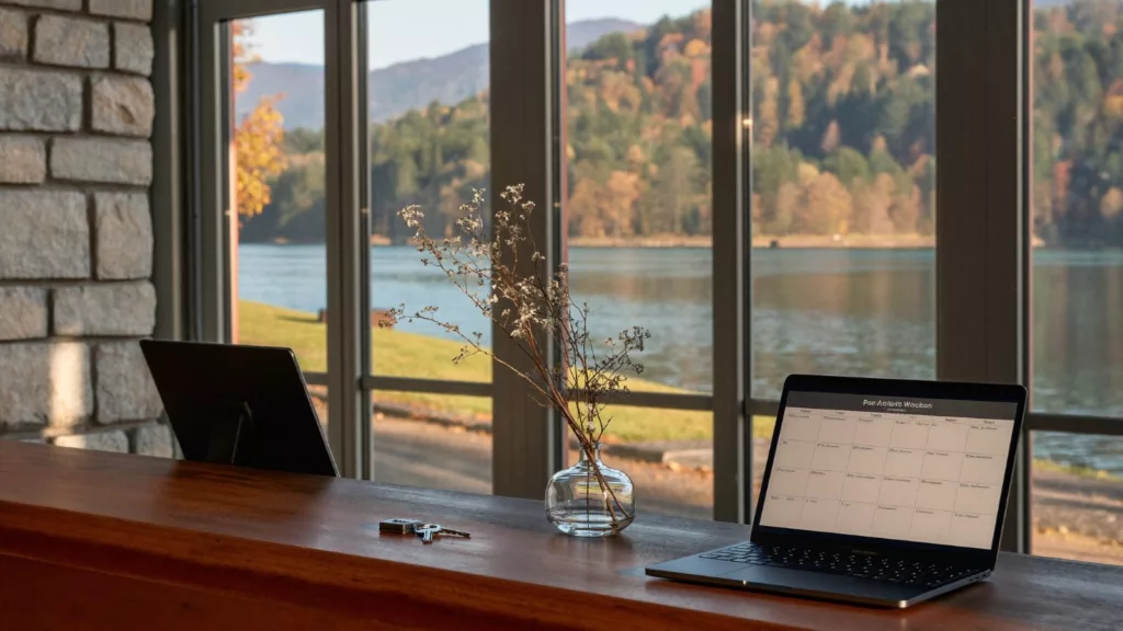 Comptoir d'accueil en bois d'un hôtel indépendant romand en automne, ordinateur portable ouvert sur un planning de réservations, lac et forêt visibles par la baie vitrée