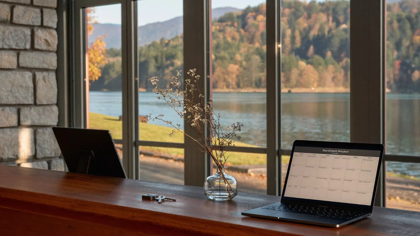 Comptoir d'accueil en bois d'un hôtel indépendant romand en automne, ordinateur portable ouvert sur un planning de réservations, lac et forêt visibles par la baie vitrée